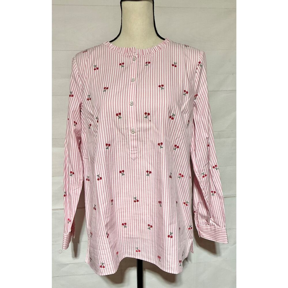 NWT TALBOTS sz M popover pink white cherry pullover 1/4 button ruffle blouse
